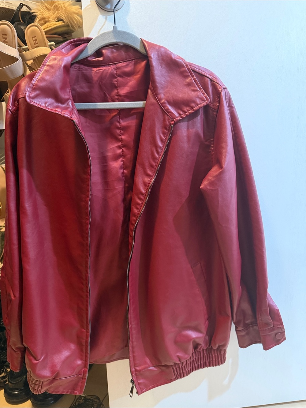 Red Leather-Look Bomber Jacket - Women